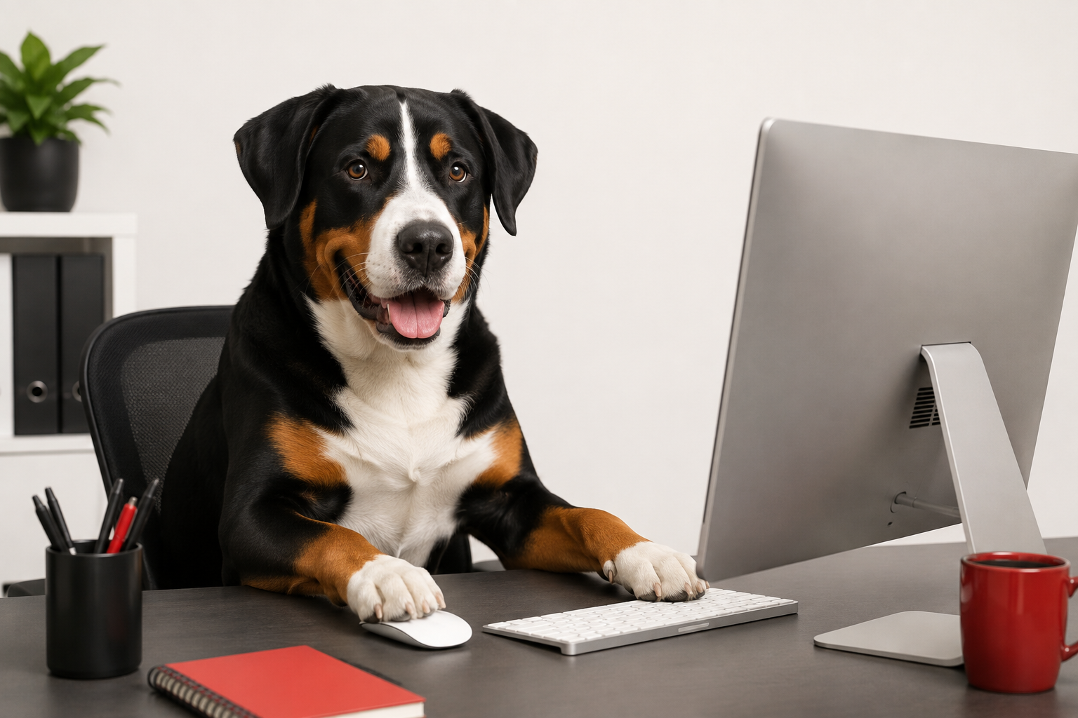 Entlebucher-style tricolor dog sitting at a computer in a bright office